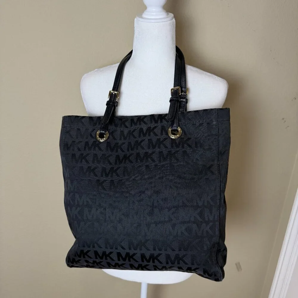 Michael Kors Black Leather Monogram Jet Set Grab Shoulder Tote Bag